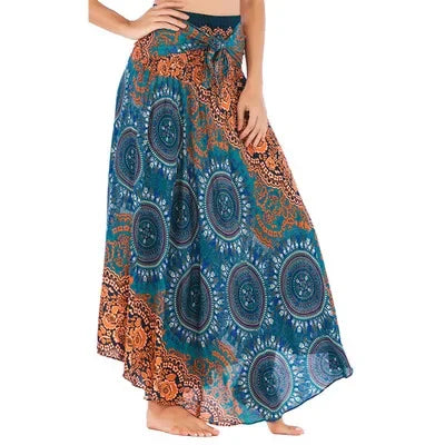 Boho Floral Maxi Skirt – Ethnic Style Elastic Waist Long Skirt for Women