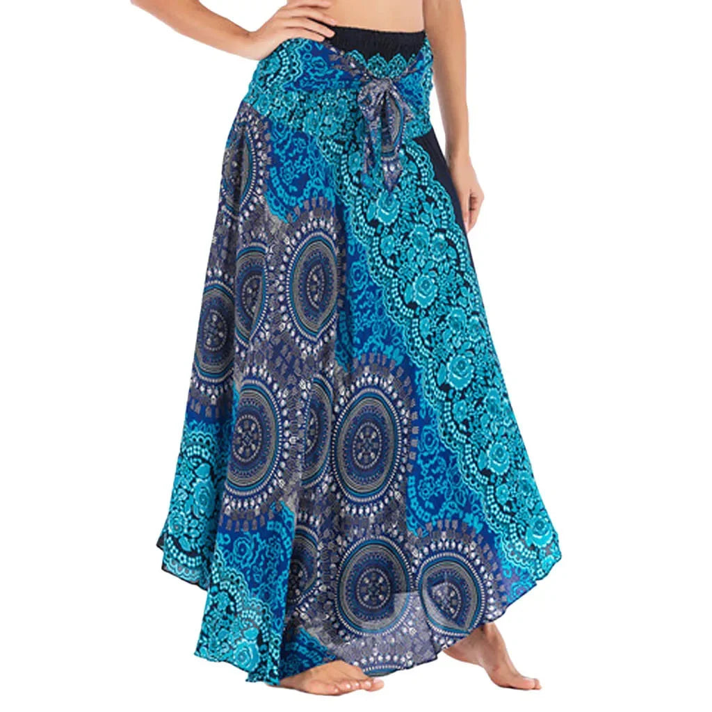 Boho Floral Maxi Skirt – Ethnic Style Elastic Waist Long Skirt for Women