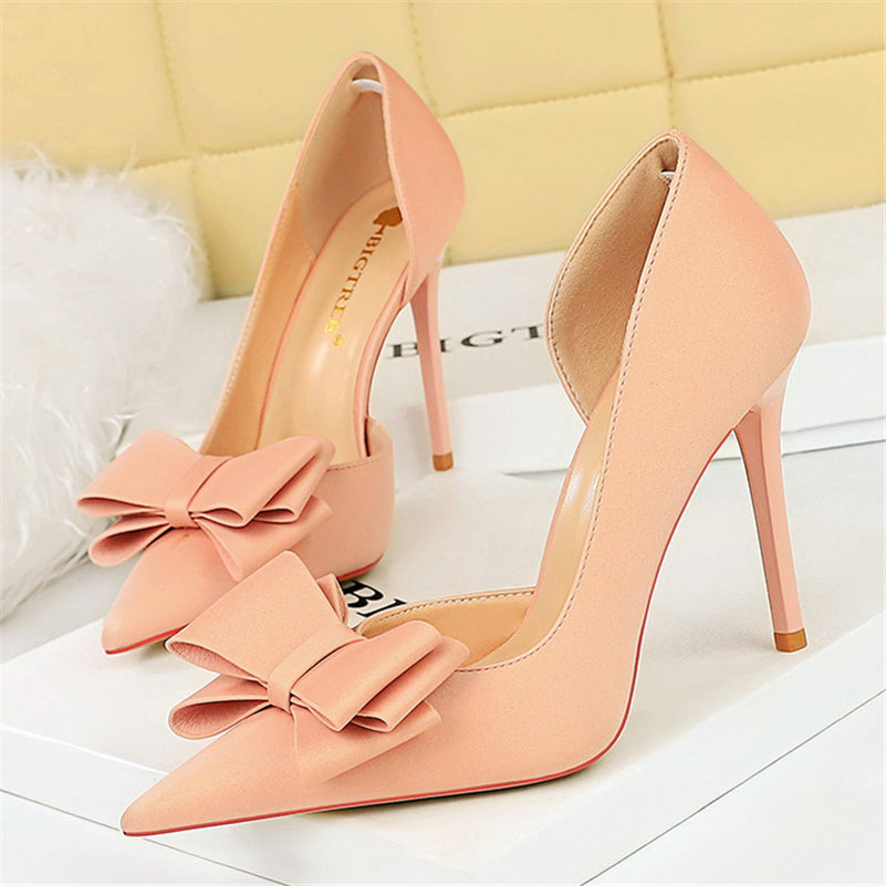 Women 10.5cm High Heels Silk Butterfly Knot Purple Green Pumps Lady Wedding Bridal Escarpin Blue Peach Evening Party Sweet Shoes