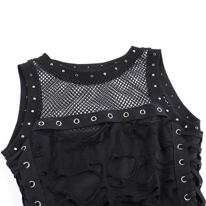 Gothic Crop Tops Punk Tanks Trendy Camisole T-Shirt Women Sexy Fishnet Backless Steampunk Vest Clubwear for Rave Party