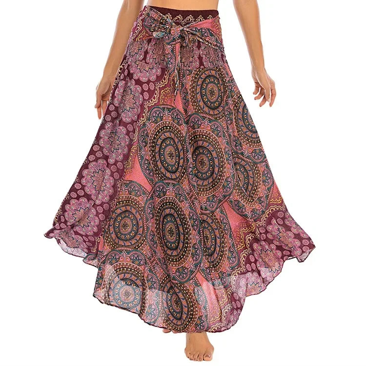 Boho Floral Maxi Skirt – Ethnic Style Elastic Waist Long Skirt for Women