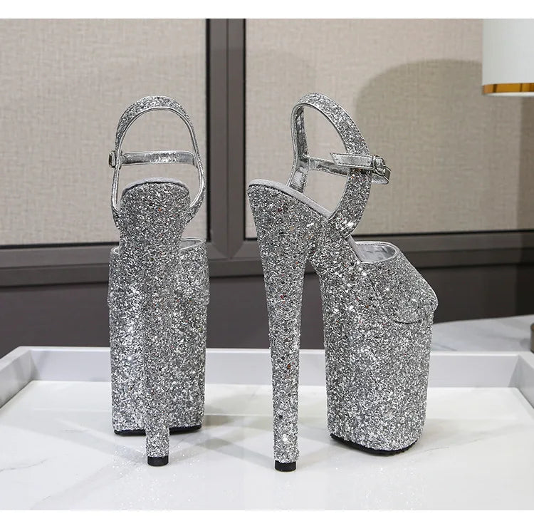 women's sandals summer Party Peep Toe Platform Buckle Strap Sequined Cloth 20CM Thin high heels Bling Pumps Women Shoes black