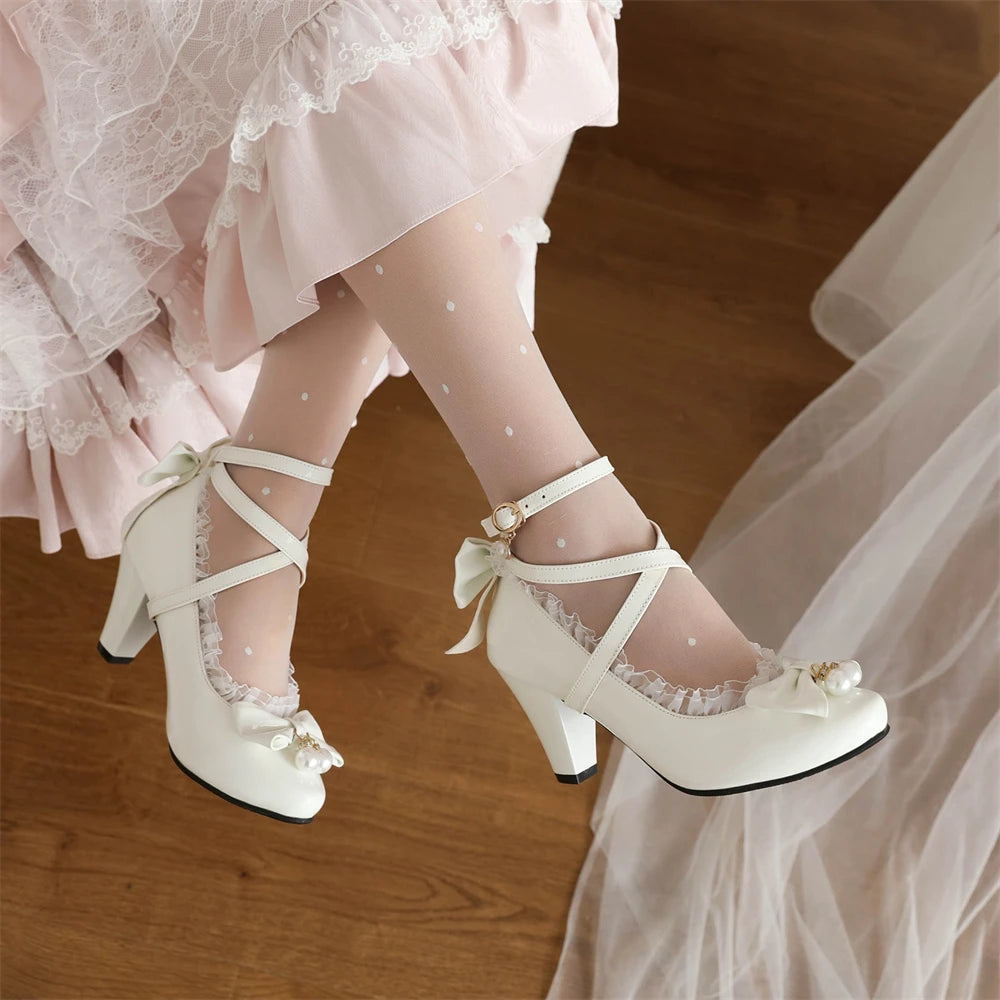 Spring Women High Heels Cross Strap Mary Jane Pumps Party Wedding Cosplay White Red Black String Bead Bow Princess Lolita Shoes