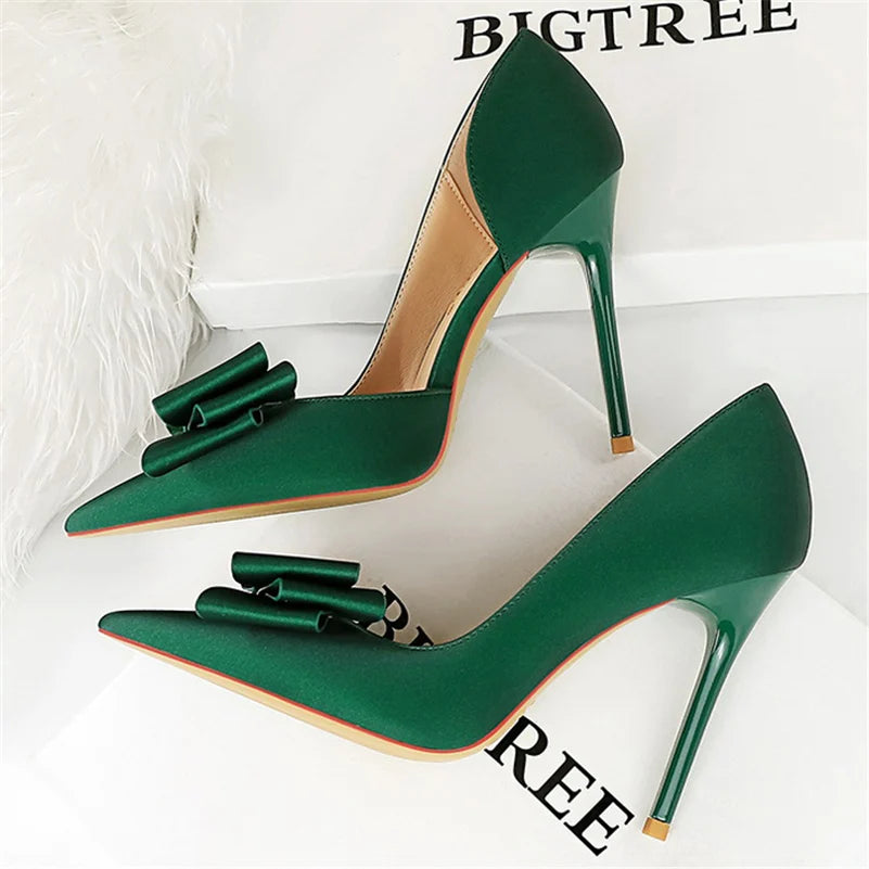 Women 10.5cm High Heels Silk Butterfly Knot Purple Green Pumps Lady Wedding Bridal Escarpin Blue Peach Evening Party Sweet Shoes