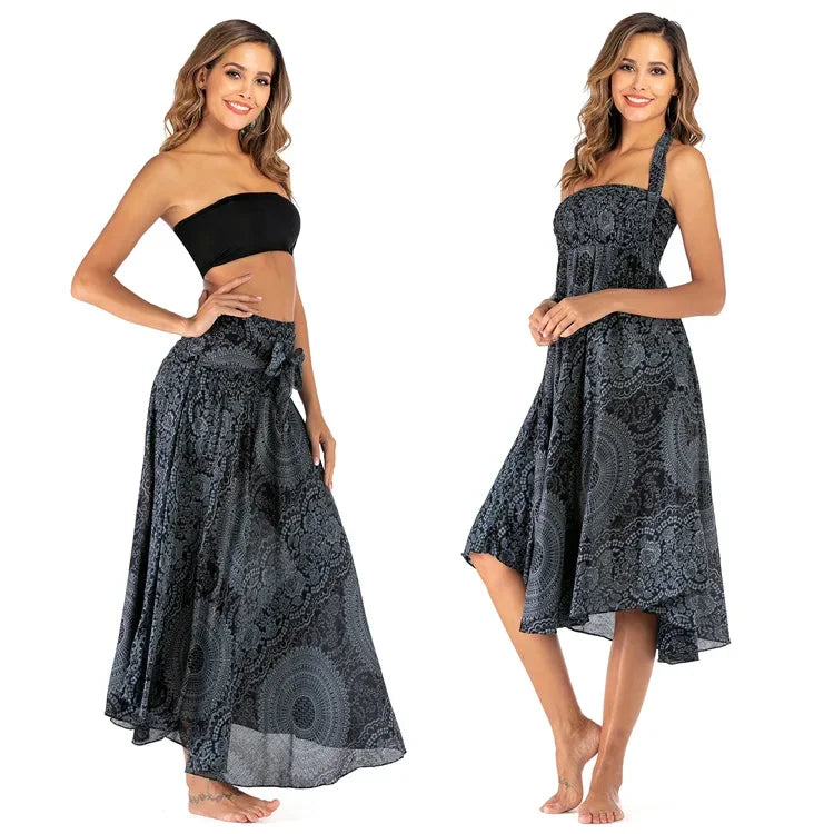 Boho Floral Maxi Skirt – Ethnic Style Elastic Waist Long Skirt for Women