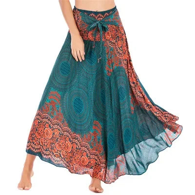 Boho Floral Maxi Skirt – Ethnic Style Elastic Waist Long Skirt for Women