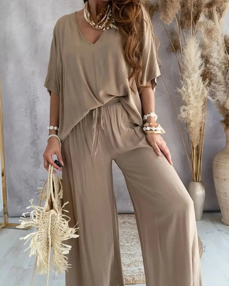 Women's Casual V-Neck Short Sleeve Top & Wide-Leg Pants Set – Chic Summer 2-Piece Outfit