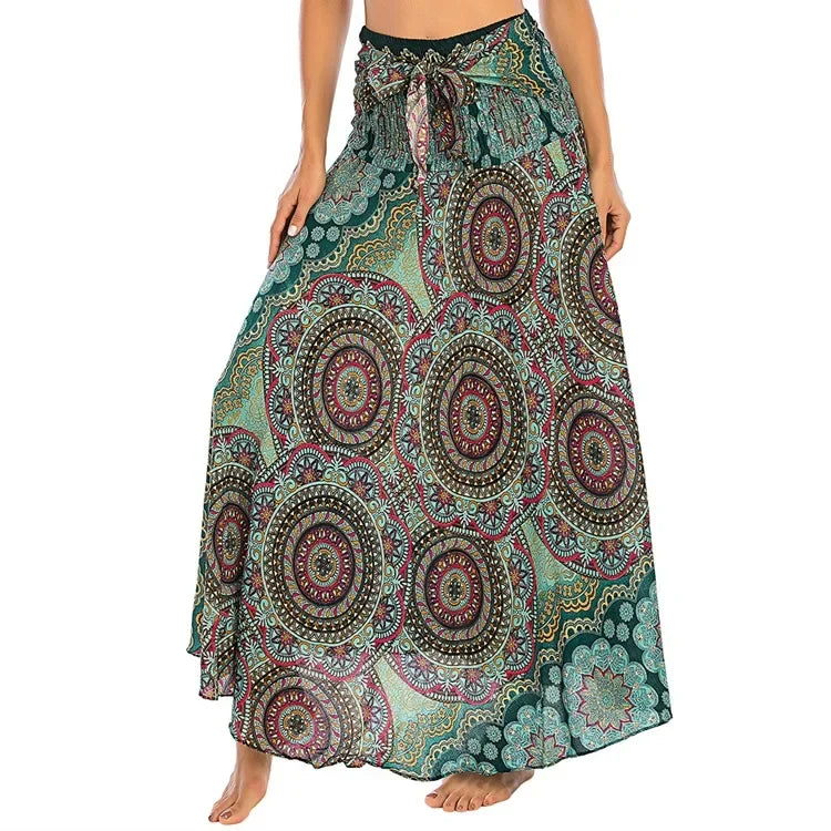 Boho Floral Maxi Skirt – Ethnic Style Elastic Waist Long Skirt for Women