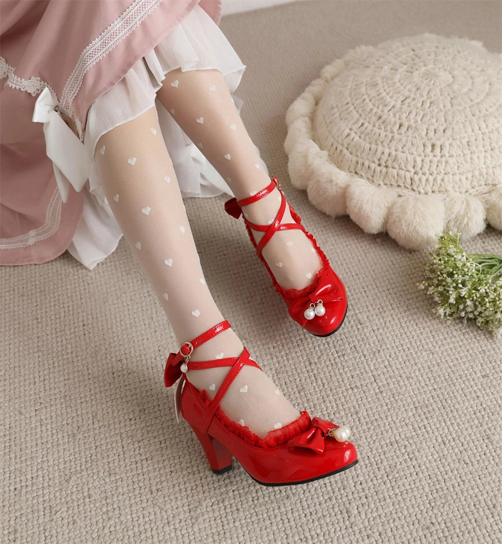 Spring Women High Heels Cross Strap Mary Jane Pumps Party Wedding Cosplay White Red Black String Bead Bow Princess Lolita Shoes