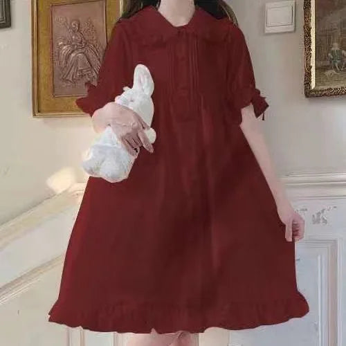 Japanese Lolita White Dress Women Summer Puff Sleeve Ruffles Dress Preppy Style Kawaii Sweet Fairy Peter Pan Collar Midi Dresses