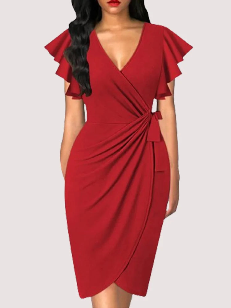 Summer Elegant  Bodycom Dress Lady V-Neck Petal Sleeve Dress Solid Color Pleated Work Robe Clothes