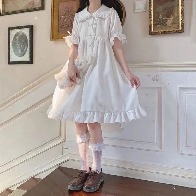 Japanese Lolita White Dress Women Summer Puff Sleeve Ruffles Dress Preppy Style Kawaii Sweet Fairy Peter Pan Collar Midi Dresses