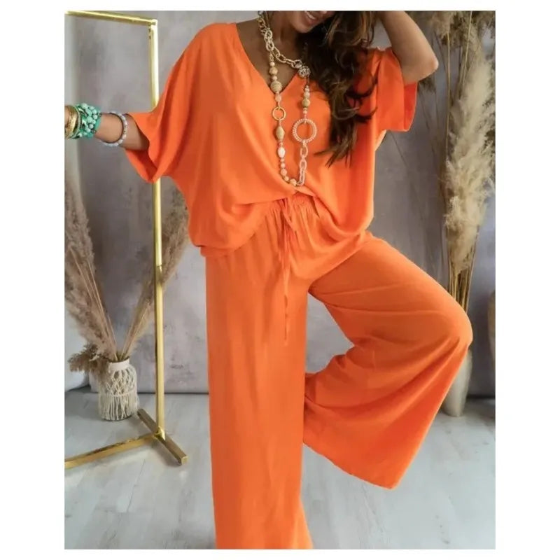 Women's Casual V-Neck Short Sleeve Top & Wide-Leg Pants Set – Chic Summer 2-Piece Outfit