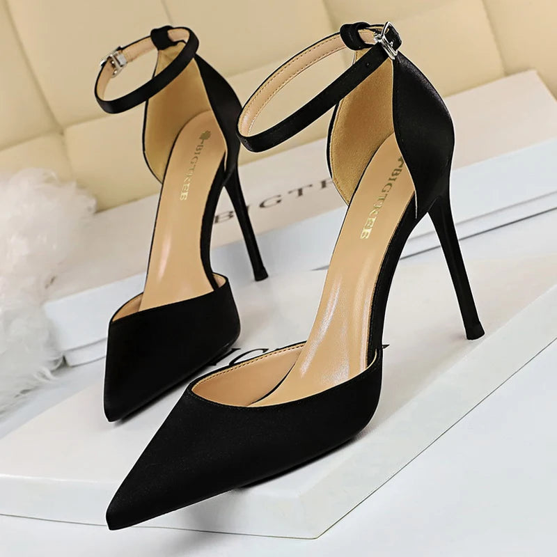 BIGTREE Shoes Satin With Shallow Pointed Women Pumps Buckle High Heels Female Shoes Stiletto Heels Sandals Sexy Party Shoes