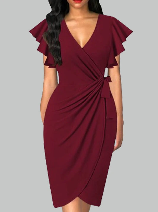 Summer Elegant  Bodycom Dress Lady V-Neck Petal Sleeve Dress Solid Color Pleated Work Robe Clothes