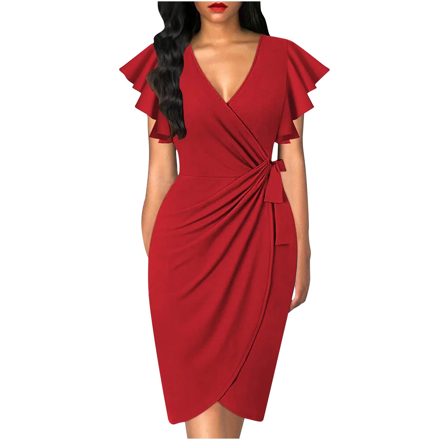 Summer Elegant  Bodycom Dress Lady V-Neck Petal Sleeve Dress Solid Color Pleated Work Robe Clothes