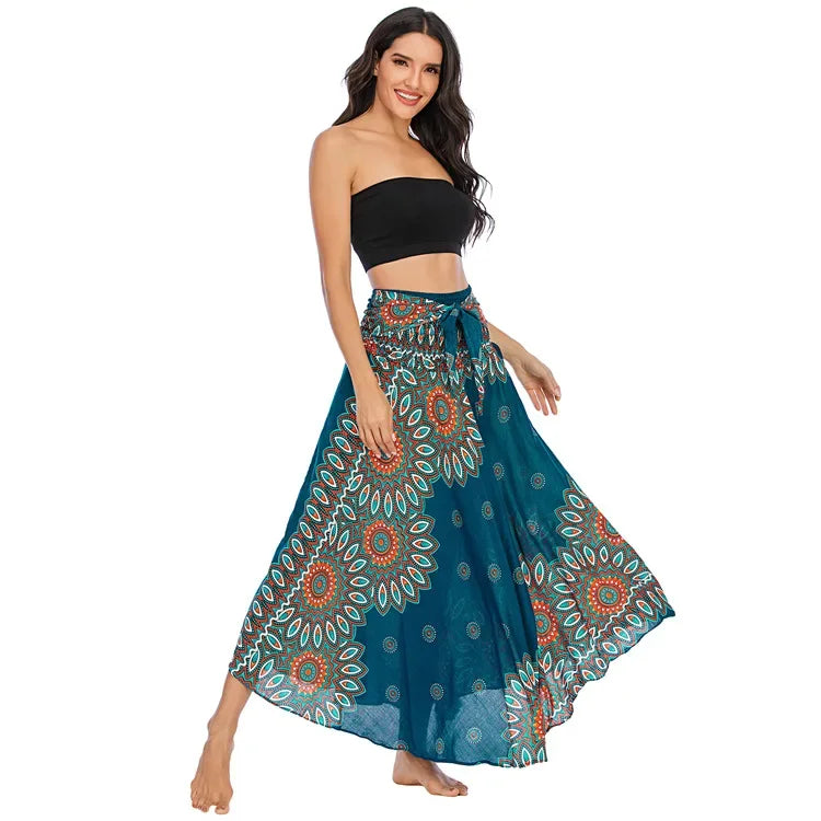 Boho Floral Maxi Skirt – Ethnic Style Elastic Waist Long Skirt for Women