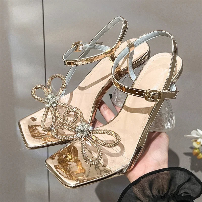 Eilyken Fashion Butterfly-knot Square Toe Woman Sandals Crystal Transparent High Heels Buckle Strap Party Shoes Zapatos De Mujer