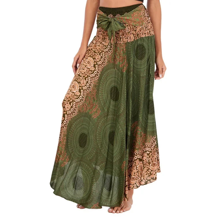 Boho Floral Maxi Skirt – Ethnic Style Elastic Waist Long Skirt for Women