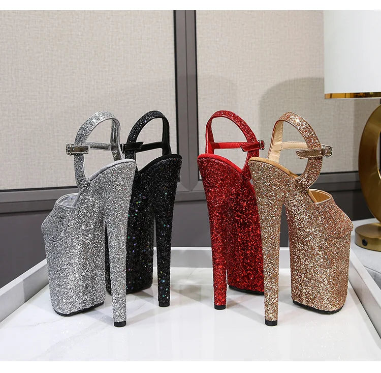 women's sandals summer Party Peep Toe Platform Buckle Strap Sequined Cloth 20CM Thin high heels Bling Pumps Women Shoes black