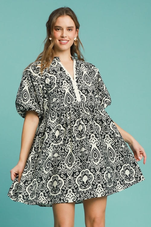 Umgee Full Size Abstract Print Puff Sleeve Dress Plus Size