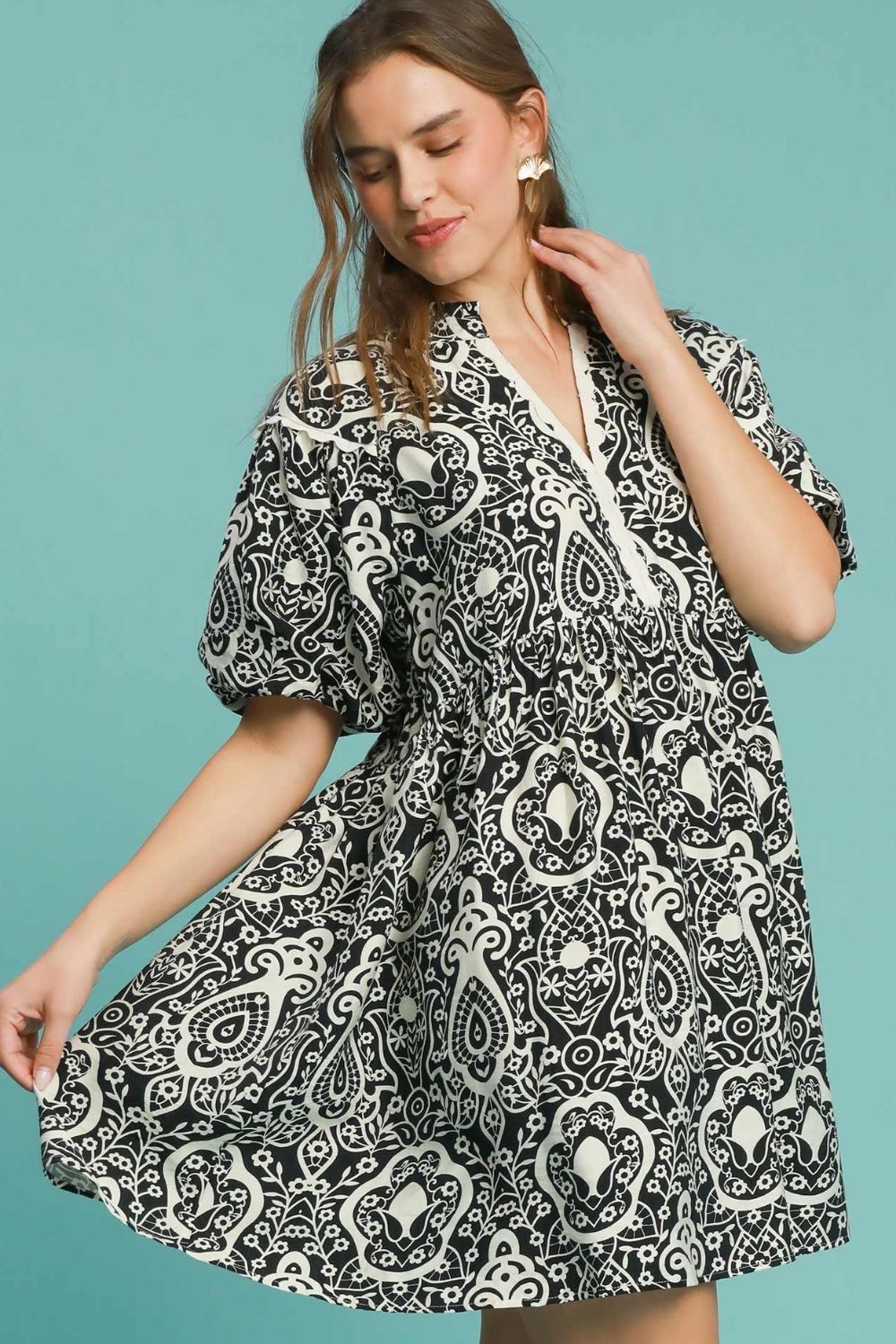 Umgee Full Size Abstract Print Puff Sleeve Dress Plus Size