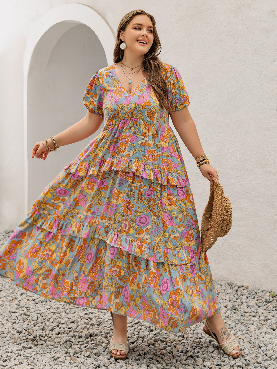 Plus Size Printed V-Neck Short Sleeve Maxi Dress