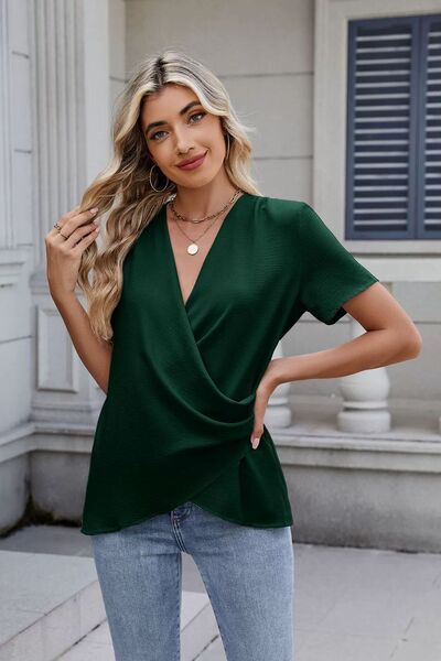 Solid Color Surplice Short Sleeve Blouse