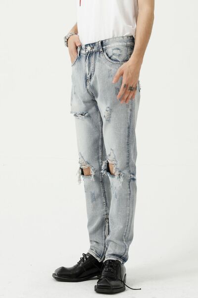 Distressed Side Zip Jeans with Pockets