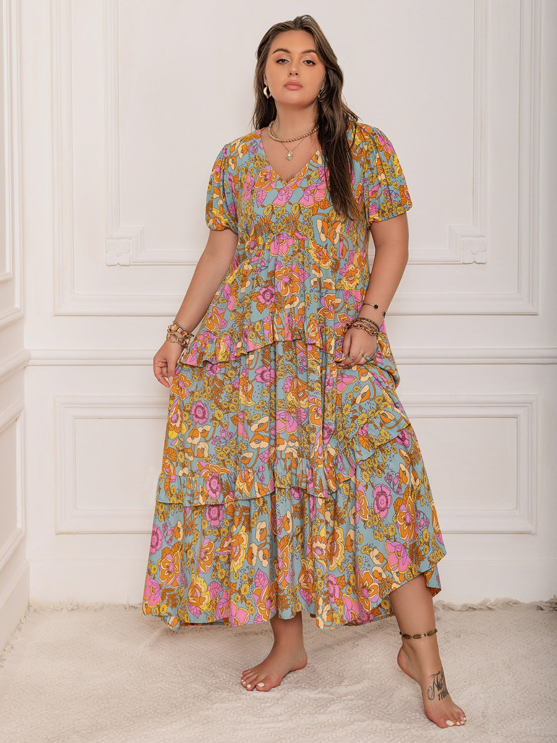 Plus Size Printed V-Neck Short Sleeve Maxi Dress