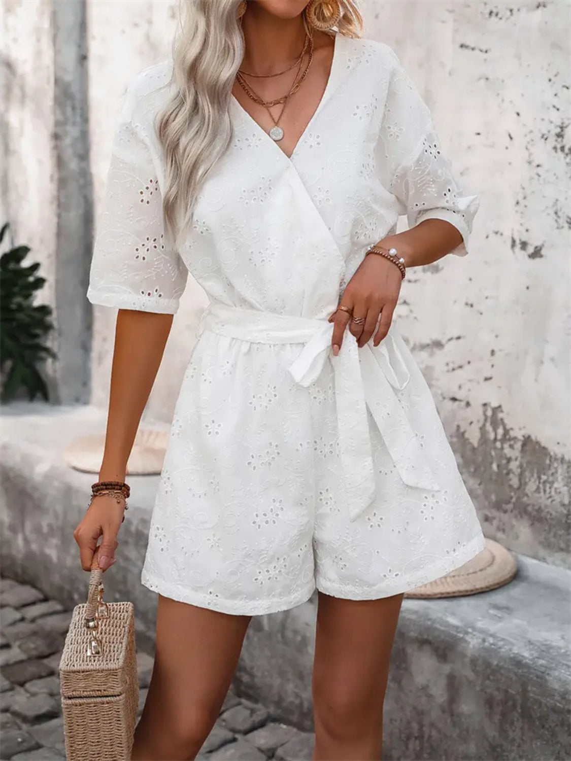 Tied Front Eyelet Romper