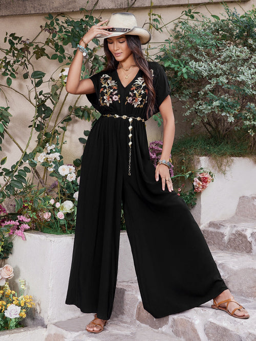 Embroidered Ruched Short Sleeve Jumpsuit