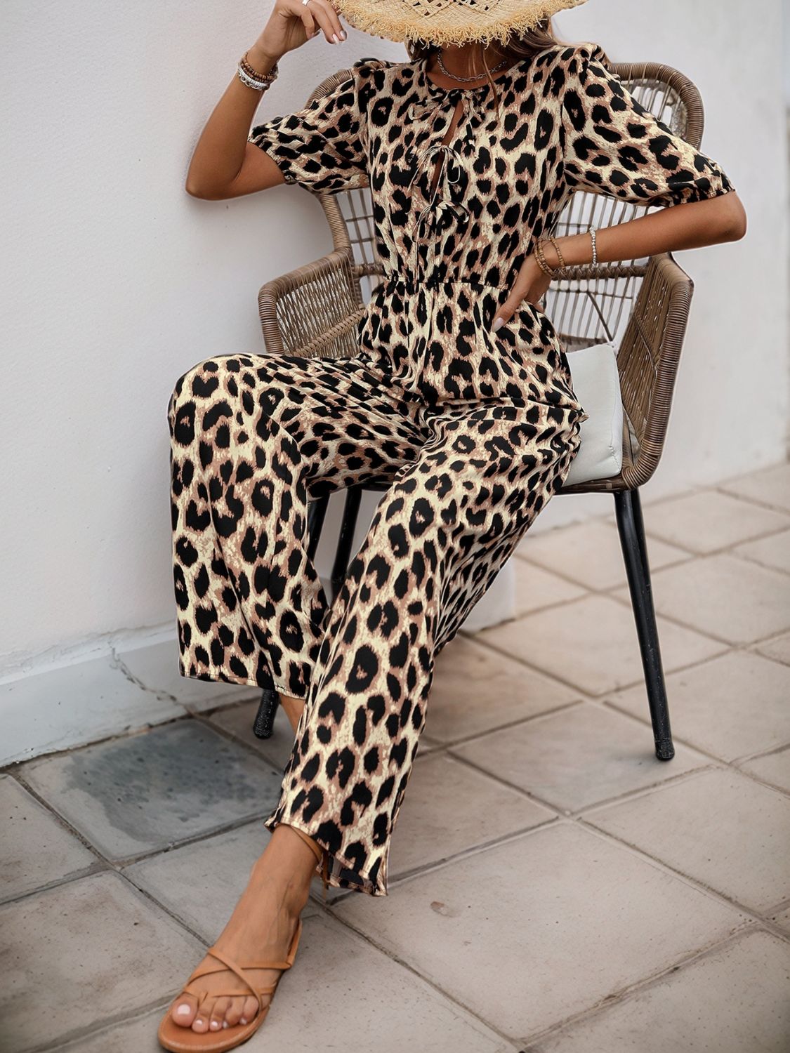 Perfee Tied Leopard Half Sleeve Jumpsuit