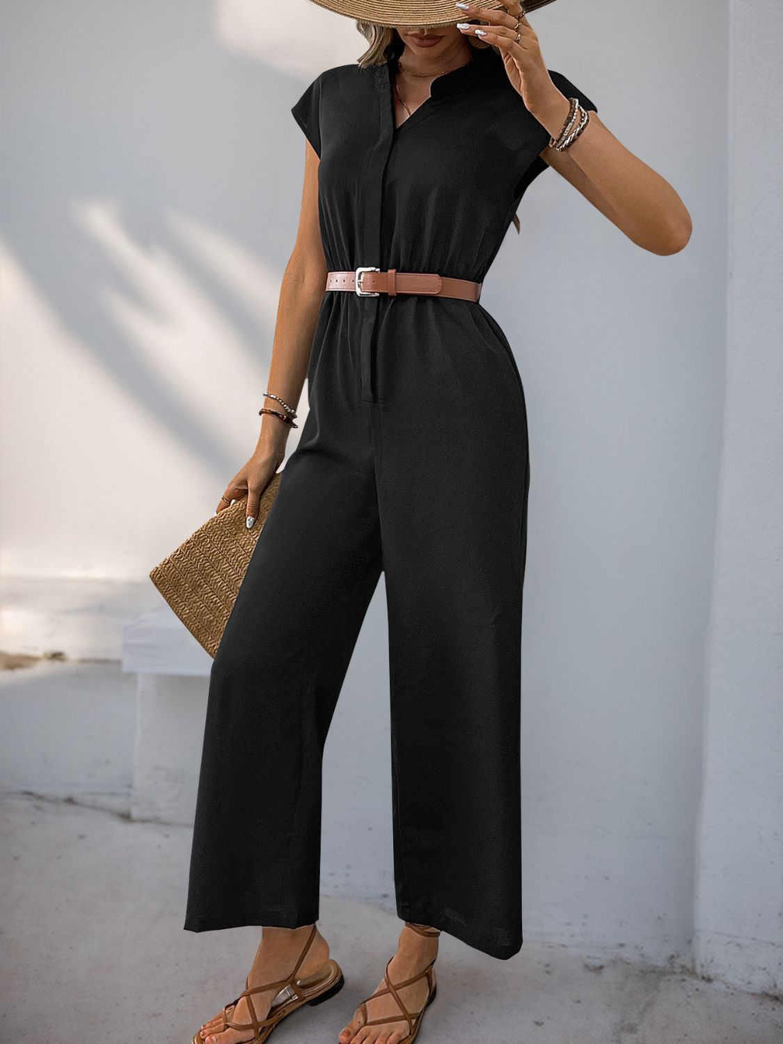 Perfee Notched Wide Leg Jumpsuit