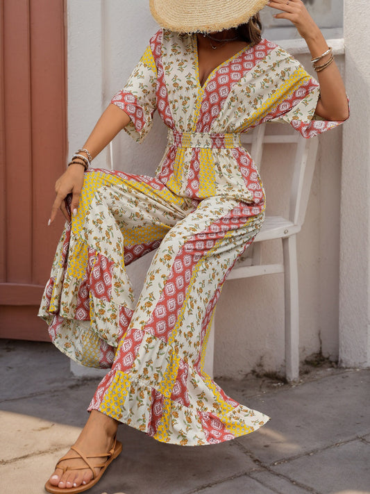 Perfee Ruffled Hem Printed V-Neck Jumpsuit