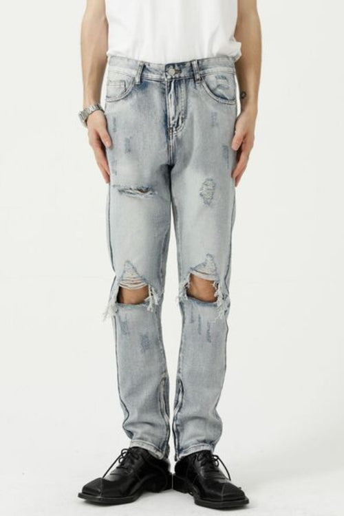 Distressed Side Zip Jeans with Pockets